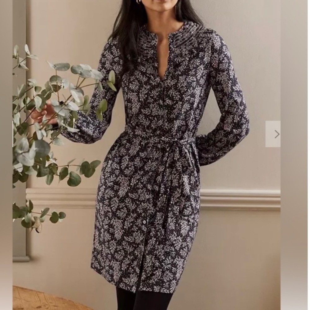 Boden Shirt Dress Women 6R Black Floral Smocked Long Sleeve Cotton Modal Jersey